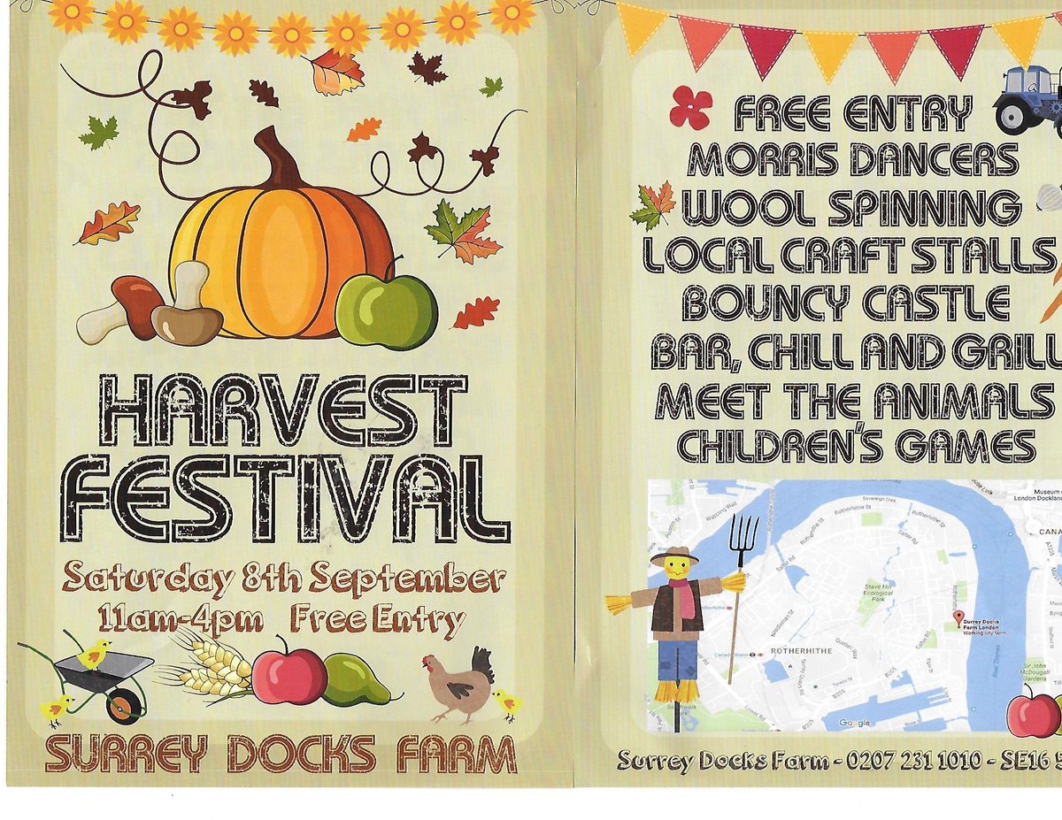 WorgInfo's tweet image. Saturday 8September @surreydocksfarm #se16 5ET 11-4pm
 #HarvestFestival 🆓️entry
#morrisdancing #woolspinning #localcrafts #bouncycastle #meetheanimals #childrensgames #raffle #barchillandgrill #farmproduce #donkeyrides
@se16 @SDFyouthclubs @Plot2Shop @farmgemma @PiccalilliCaff