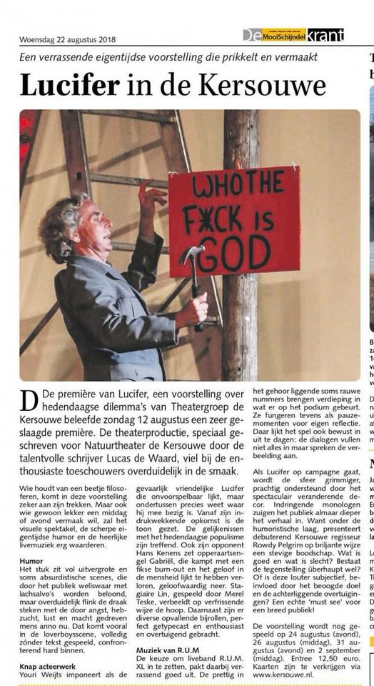 Vandaag lekker naar buiten in de nazomerzon? Kom met familie en/of vrienden genieten van theater in de openlucht! Een lach, een traan en prachtige muziek: de voorstelling Lucifer prikkelt en vermaakt gegarandeerd een breed publiek. Tot vanmiddag! kersouwe.nl/voorstelling/3…