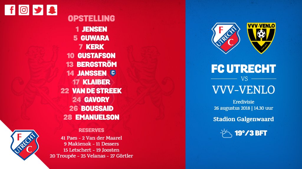 fcutrecht's tweet photo. 📋 Dit is 'm! De opstelling van #fcutrecht voor de @eredivisie partij van vanmiddag tegen @VVVVenlo! 

#utrvvv #eredivisie https://t.co/xAHJeCfoDd