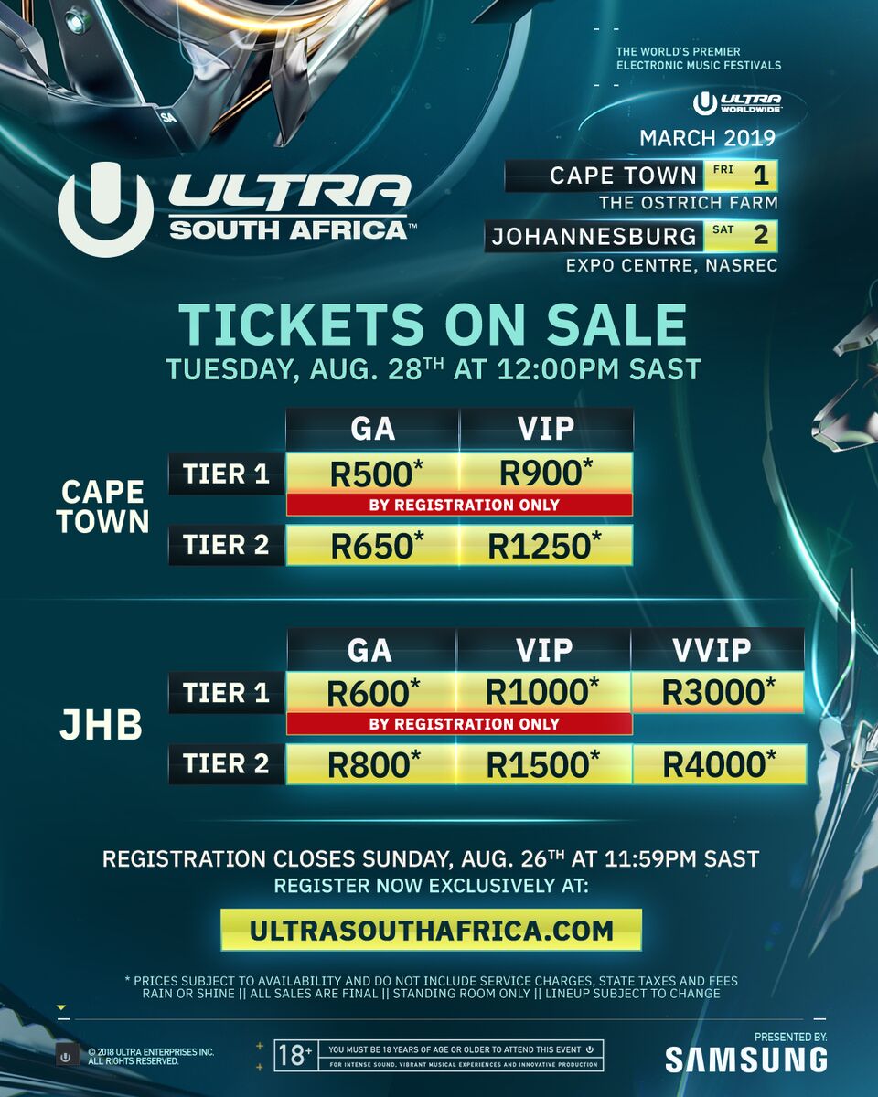 Registration for tickets to the 6th edition of Ultra South Africa closes TONIGHT at 11:59pm SAST

Only those that register will have access to the lowest cost tickets available.

Register now: UltraSouthAfrica.com/tickets