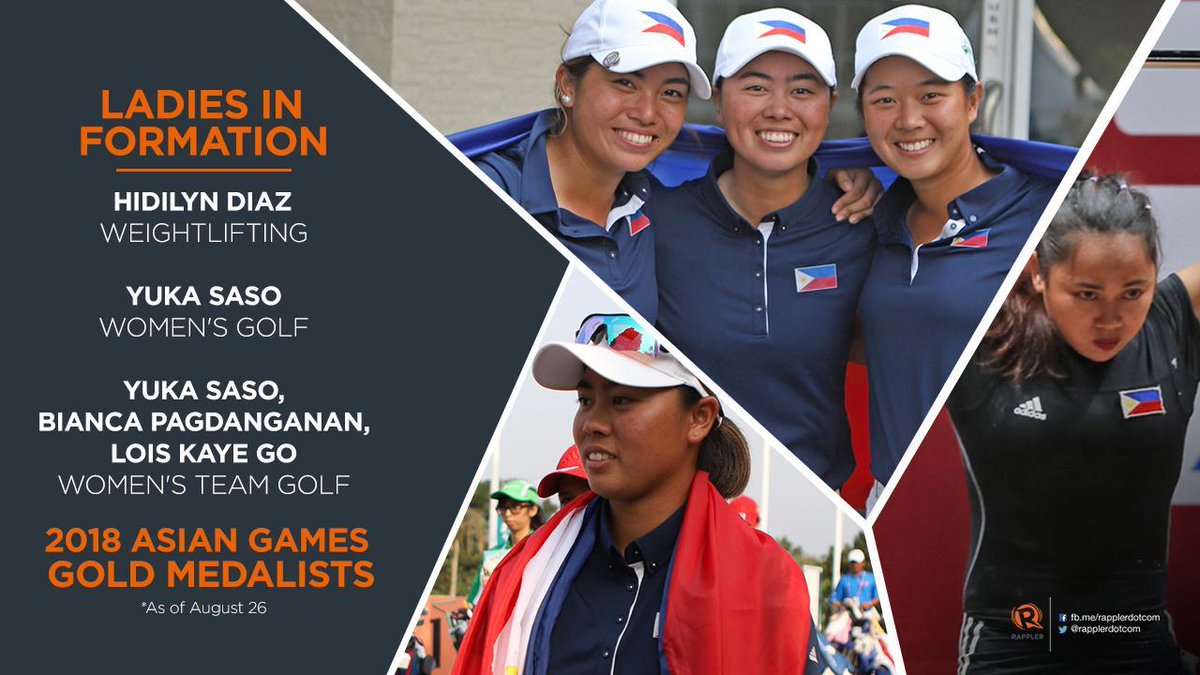 RapplerSports's tweet photo. Our female athletes are SLAYING! 💪🏼

Congratulations to these ladies for delivering the gold medals for the Philippines! 🇵🇭 #AsianGames2018 

🥇Hidilyn Diaz 
🥇Yuka Saso
🥇Bianca Pagdanganan, Yuka Saso, Lois Kaye Go 

https://t.co/hVttfJSy57 https://t.co/7rlTz7Otk6