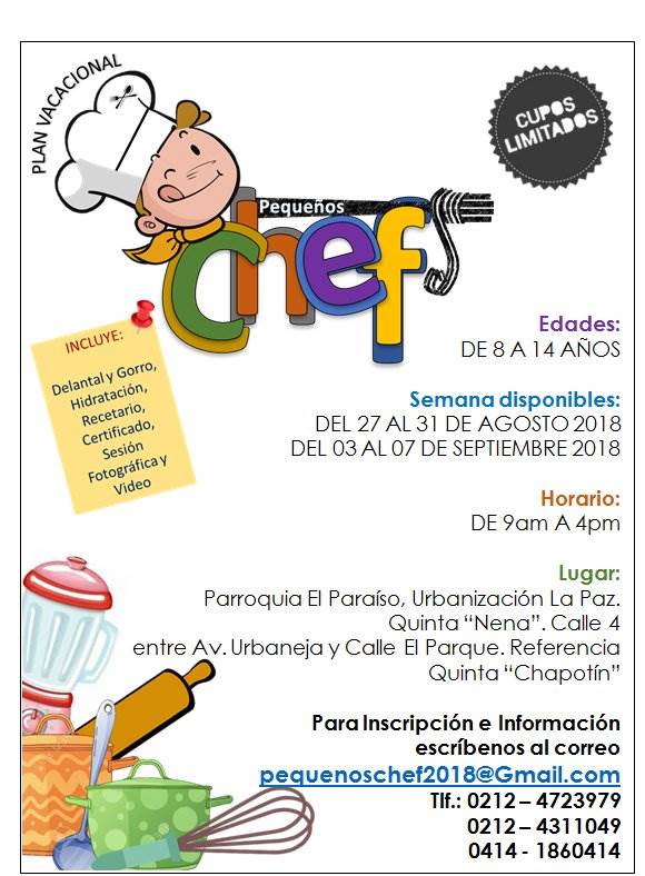 PChef2018's tweet image. &quot;Comer es una necesidad, pero cocinar es un arte&quot;. Plan Vacacional PEQUEÑOS CHEF. Del 27 al 31/08 y del 03 al 07/09. Sabor y diversión para los pequeños de la casa. Inscribelo ya !! @Paraisoccs @JuanPabloUnidos @UrbMontalban @UrbElParaiso @terrazasdlv