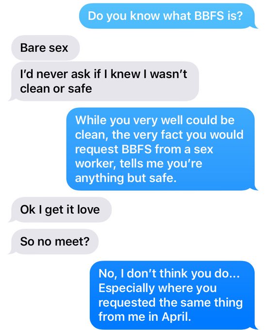 Yet another guy asking for #BBFS. Pro Tip: No one who is &ldquo;safe&rdquo; asks random hookers for bareback sex<a href="/tag/bbfs"class="tags">#BBFS</a><a href="/tag/nope"class="tags"><span>#nope</span></a><a href="/tag/sexwork"class="tags"><span>#sexwork</span></a><a href="/tag/victoria"class="tags"><span>#victoria</span></a><a href="/tag/yyjsw"class="tags"><span>#yyjsw</span></a>