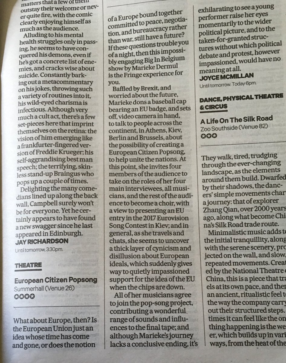 European Citizen Popsong <a href="/BiginBelgium6/">Big in Belgium</a> ⭐️⭐️⭐️⭐️ from <a href="/TheScotsman/">The Scotsman</a> 

"Exhilarating to see a young performer raise their eyes to the wider political picture"

Don't miss their last show at 6pm! bit.ly/2PBPHBo