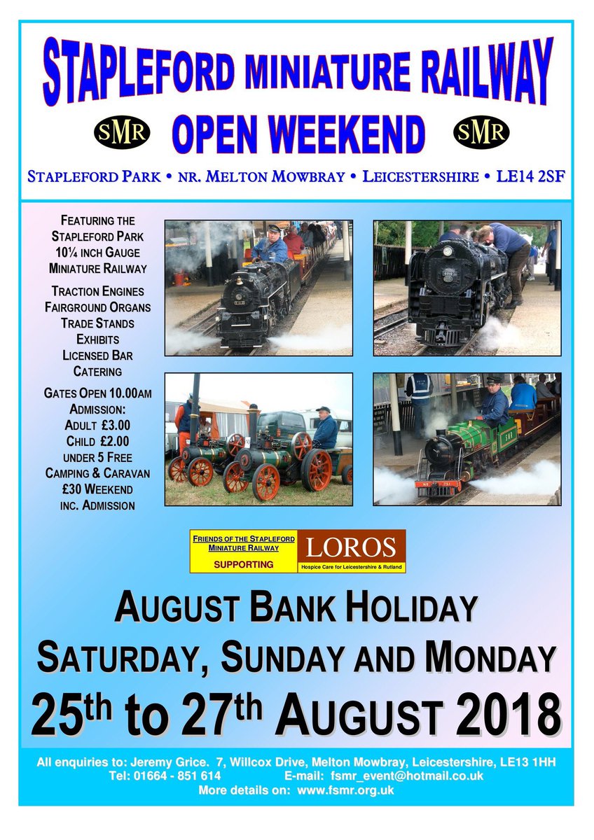 Due to intense rain we have now removed admission charge for remainder OF TODAY Trains still running till 1700 Donations to LOROS   If wished Normal admission charges BH Monday Good weather forecast