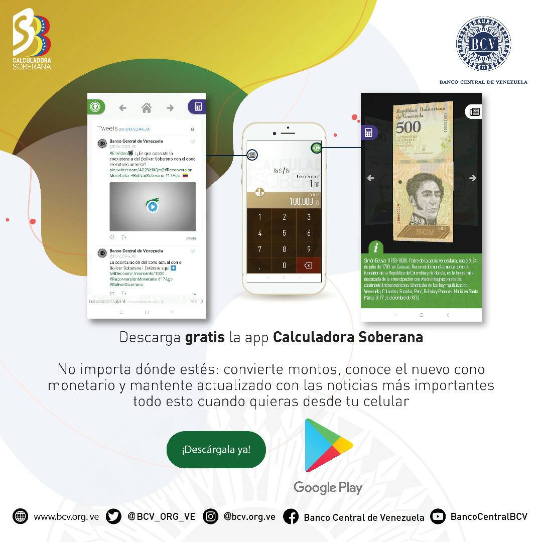 La Calculadora Soberana es una herramienta para todas y todos los venezolanos, es el mejor aliado que tendrá el pueblo para entender y asimilar el proceso de reconversión monetaria.

#CalculadoraSoberana #BolívarSoberano 

Descárgala aquí bit.ly/CalculadoraBCV