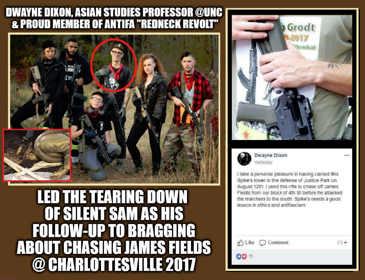 MaeveMagdalen's tweet photo. So why is #DwayneDixon still teaching @UNC ?
He advocates #gunviolence, leads students &amp; whomever in tearing down University property &amp; lawlessness, &amp; bragged about chasing #JamesFields which led to #HeatherHeyer's death
#Charlottesville #SilentSam https://t.co/mvOsezcYha