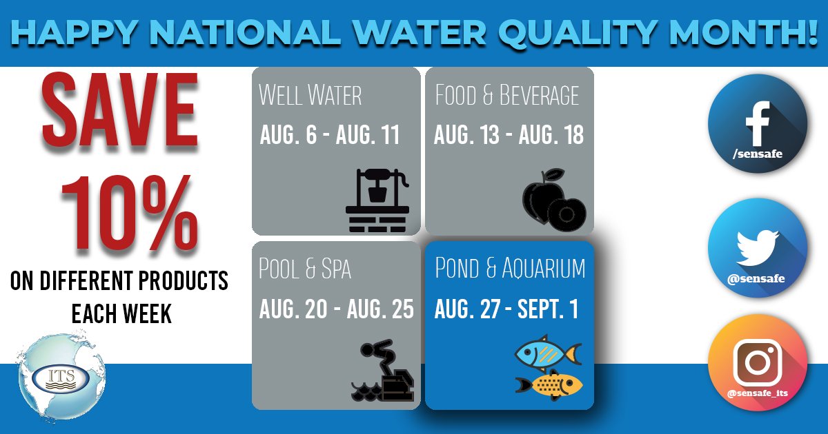 sensafe's tweet image. Happy National Water Quality Month! Check in tomorrow to see the amazing deals going on for the final week of savings!  #ITS #Sensafe #waterquality #watertesting