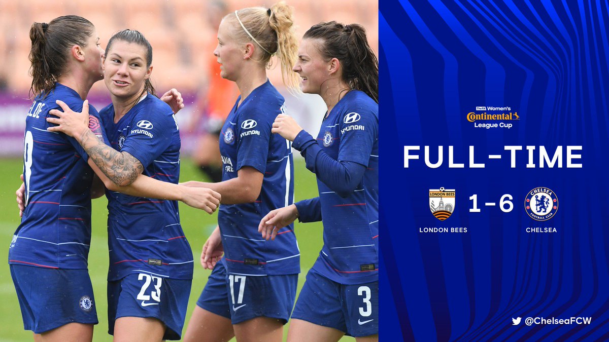 ChelseaFCW's tweet photo. It's a comfortable victory for the Blues as a brace apiece from Spence and Bachmann in the first half was added to by goals from Kirby and England after the break. That makes it two from two to kick off the new campaign. #CFCW https://t.co/U08YffyM42