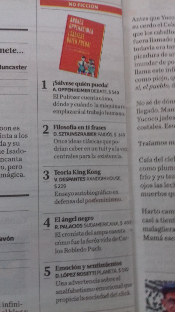 oppenheimera's tweet photo. Mi libro "!SALVESE QUIEN PUEDA!" ya esta No. 1 en la lista de best-sellers de Argentina. Rankings de los diarios Clarin y La Nacion de hoy! Que bueno! https://t.co/3IqXsobEVv
