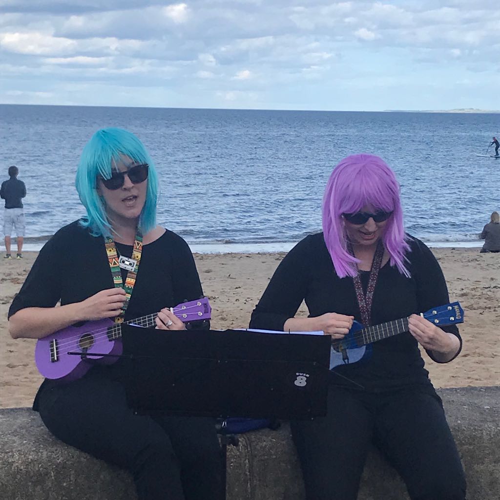 ukelassies's tweet photo. Lovely day at the busk yesterday, thanks to all who came to see us and dropped some coins in our wee uke case. For our first outing we were really touched ❤ Here's us trying to say the word ukulele #beachbusk #portyprom #edinburgh #unfestival #beachbusk9 https://t.co/G5DShaVGuv
