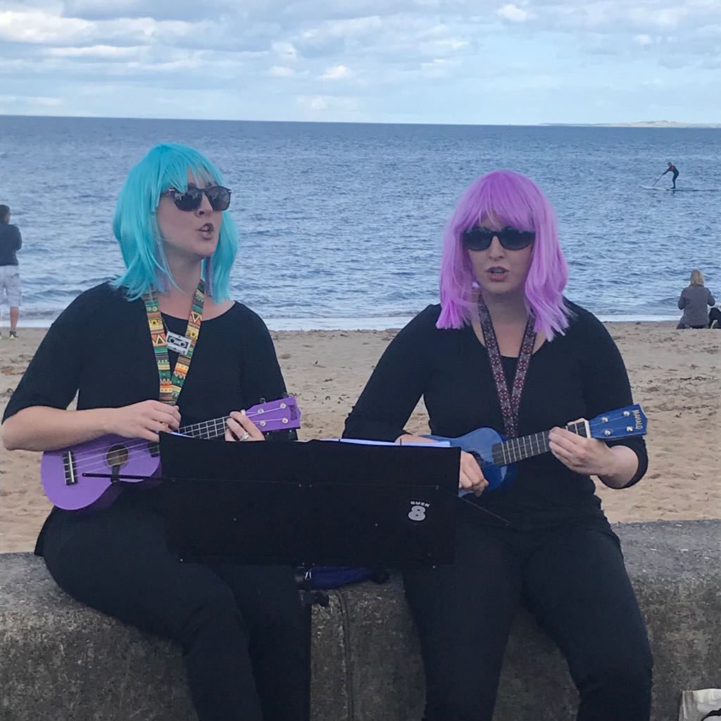 ukelassies's tweet photo. Lovely day at the busk yesterday, thanks to all who came to see us and dropped some coins in our wee uke case. For our first outing we were really touched ❤ Here's us trying to say the word ukulele #beachbusk #portyprom #edinburgh #unfestival #beachbusk9 https://t.co/G5DShaVGuv