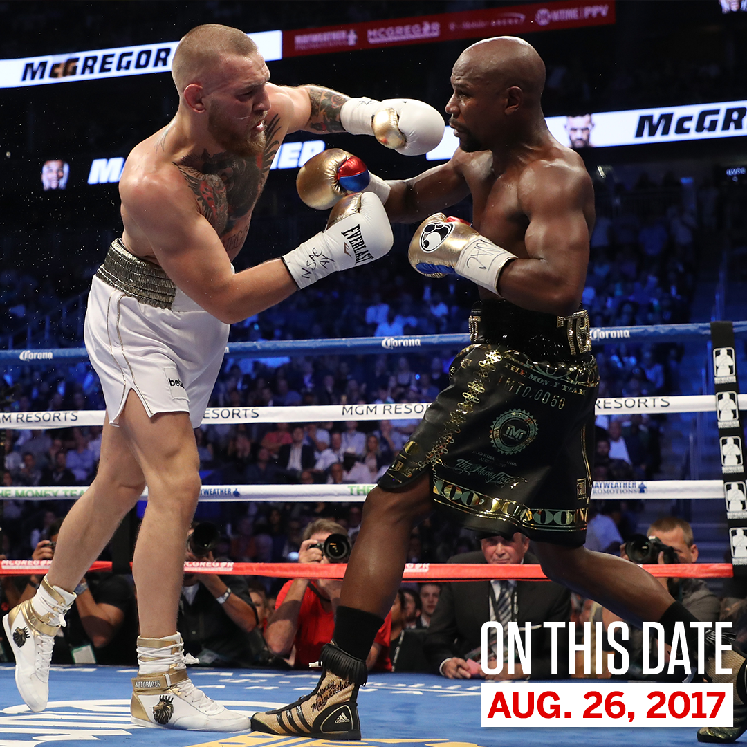 espn's tweet photo. On This Date: One year ago today, Floyd Mayweather defeated Conor McGregor by TKO in the 10th round. https://t.co/Ztfyp3f6BA