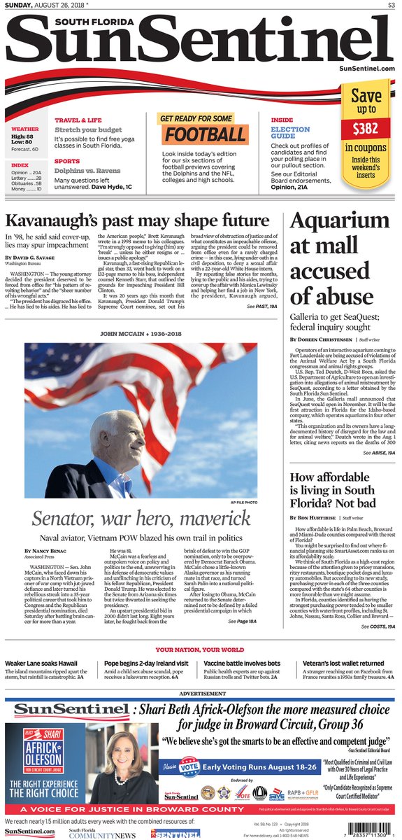 PhotoSSentinel's tweet photo. Our #SundayFrontPage honoring Sen. John McCain a true American Hero #FRONTPAGE #MTP @SunSentinel https://t.co/mQHO7YT2O7