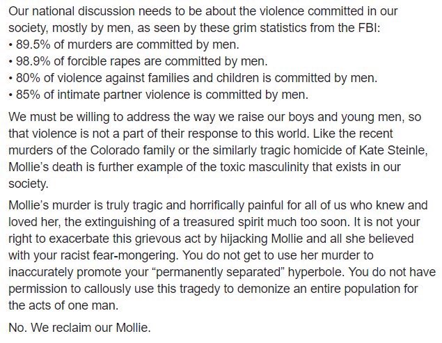 shannonrwatts's tweet photo. Sandi Tibbetts Murphy‘s Facebook message to those politicizing her cousin’s death:

“You do not get to usurp Mollie and her legacy for your racist, false narrative. ...We must be willing to address the way we raise our boys and young men."

Cc @NRATV @DLoesch @realDonaldTrump https://t.co/fkg8WPplxw