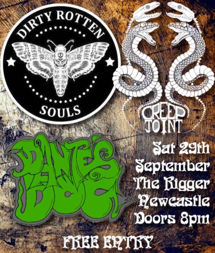 Looking forward to this one

@RiggerRockVenue 
Saturday 29th September with phat-Riff enthusiasts Dante’s Dog &amp; groove-fiends Creepjoint. 

This show will not impinge on your wallet as it’s free bloody entry 

You bring your plate, we’ll bring the meat 

#dirtyrottensouls