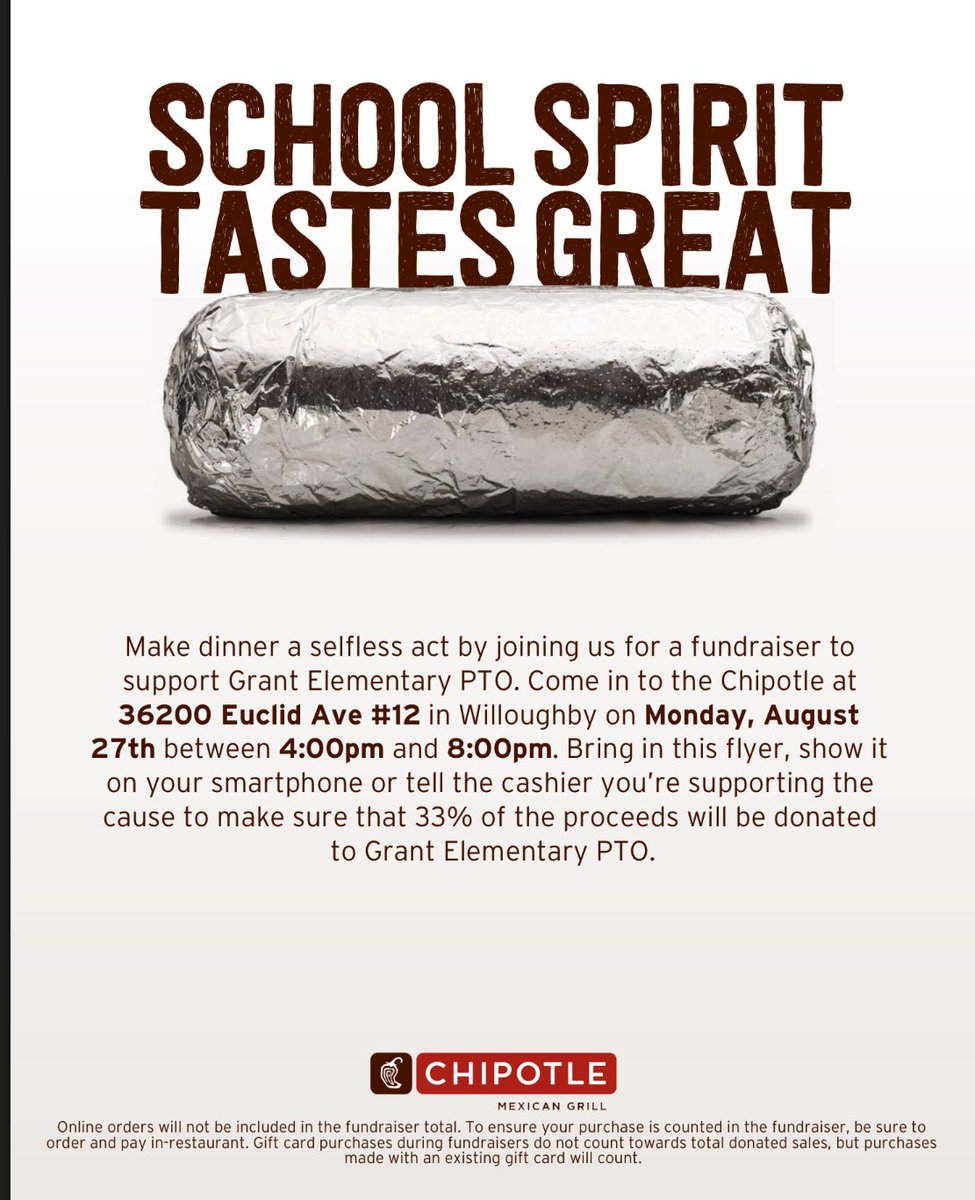 WES_GrantElem's tweet image. Grant PTO Family Night at CHIPOTLE in Willoughby on Monday from 4-8pm! We hope to see you there! Show this flyer! @WESchools #weschools