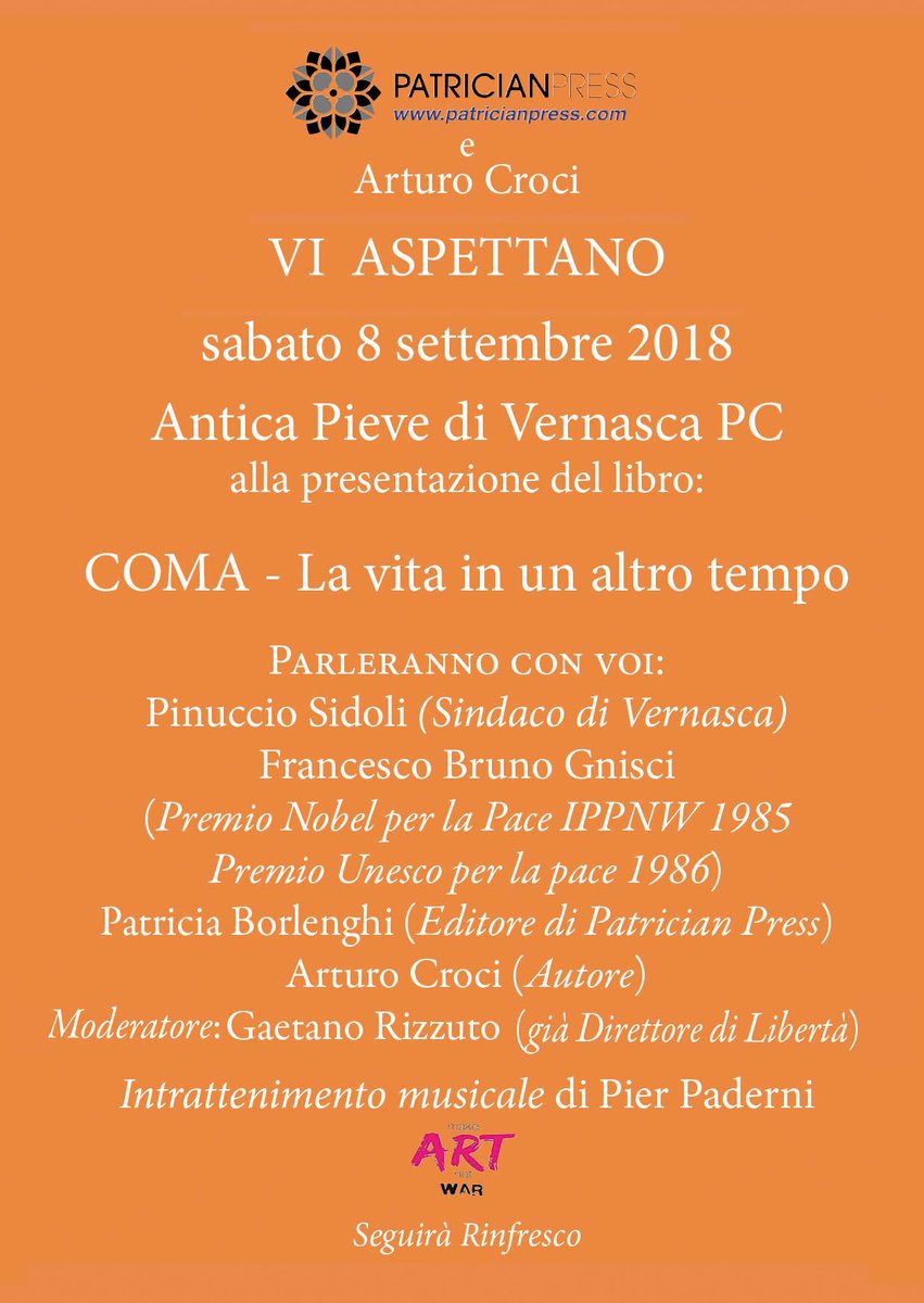 ArturoCroci's tweet photo. Invitation to the presentation of the book “Coma - la vita in un altro tempo - Coma - Live in another time”. https://t.co/ZTO45mljxc
Vernasca PC Italy. September 8th, 5,00 p.m. Viva la vita https://t.co/aTTRYRCpkK