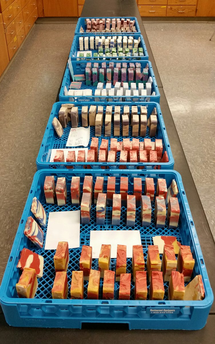 wnchem's tweet photo. Our 10 batches of soap (170 bars) from Friday! These will "cure" over the next 4-5 weeks before we label & use them. Terrific job to everyone! @WNChemGems #WNsoapProject https://t.co/ROkC8vF9gw