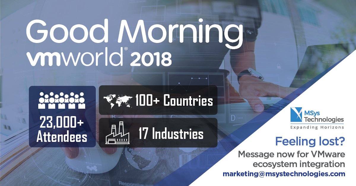 AziroTech's tweet image. We are excited to be a part of #VMworld2018. We will be attending the event from 26 to 30 Aug. Let us meet!
msystechnologies.com/resources/news… 
@VMworld #storageconsolidation #storagevirtualization #cloudcomputing #productmanagement #VVols #vRealize #VCP #vRo #vROPs #vSphere #vSAN #vCloud