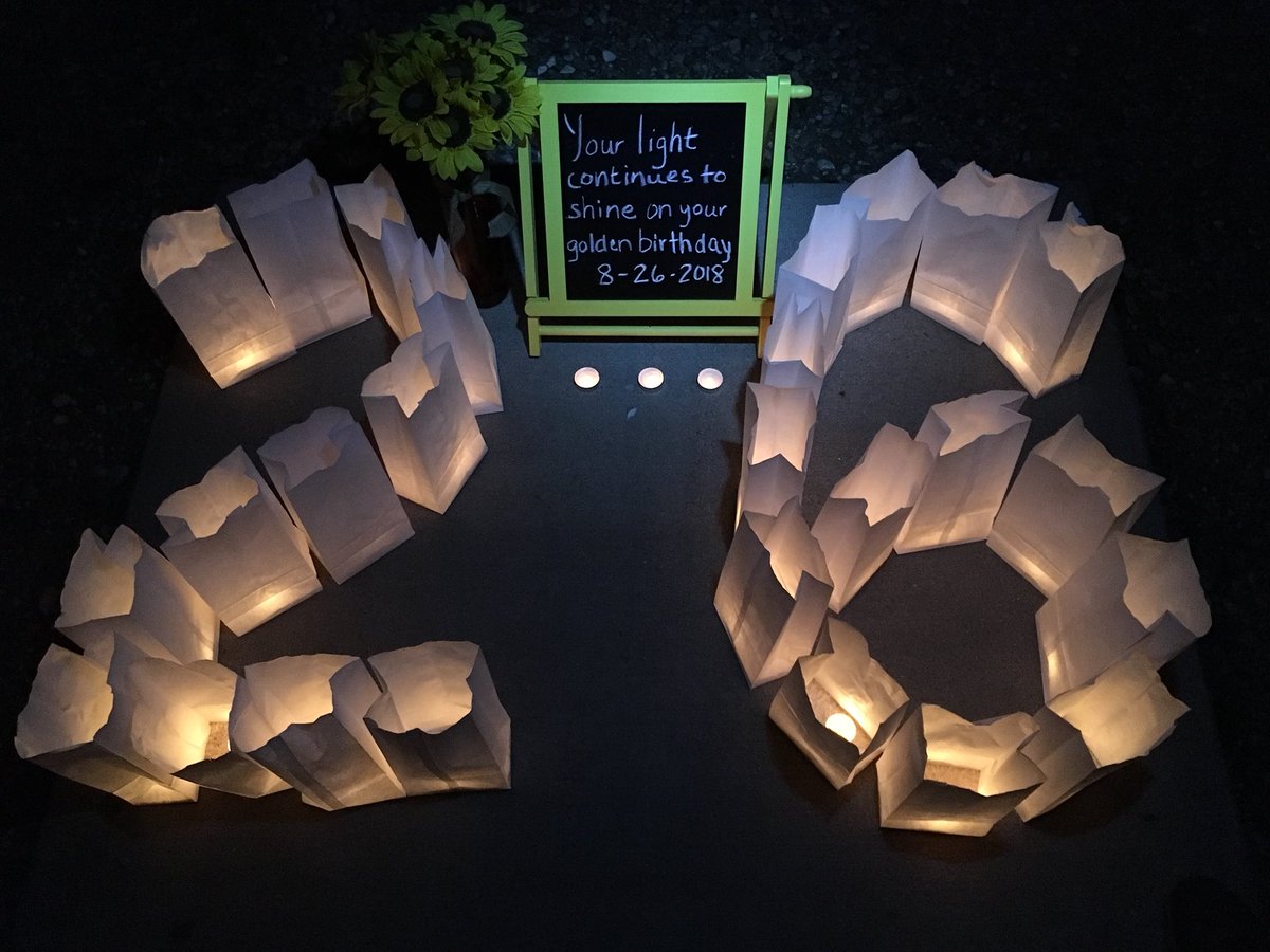 EmilyFredrickTV's tweet photo. Today would have been my sister’s golden birthday 🌻✨ My sweet parents made this at their campsite last night and I had to share. Hug your loved ones a little tighter today. #cfawareness https://t.co/Z5RPpQvA6t