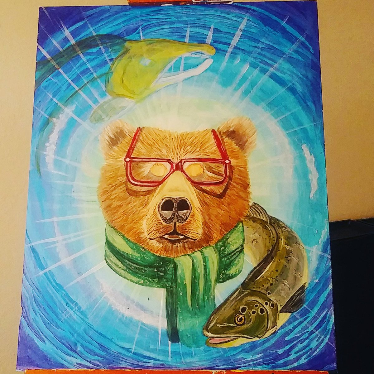 Damarizle's tweet photo. Working on this painting. Coming together nicely. #bearnecessities #bear #circleoflife #art #acrylic #acrylicpainting #blue #glasses #salmon #water #swimmingagainstthecurrent #winnerscircle #victorious #dtla #dtlv #dtlvartsdistrict #puttinginthework #saturday #fish https://t.co/9NZYmimtxE