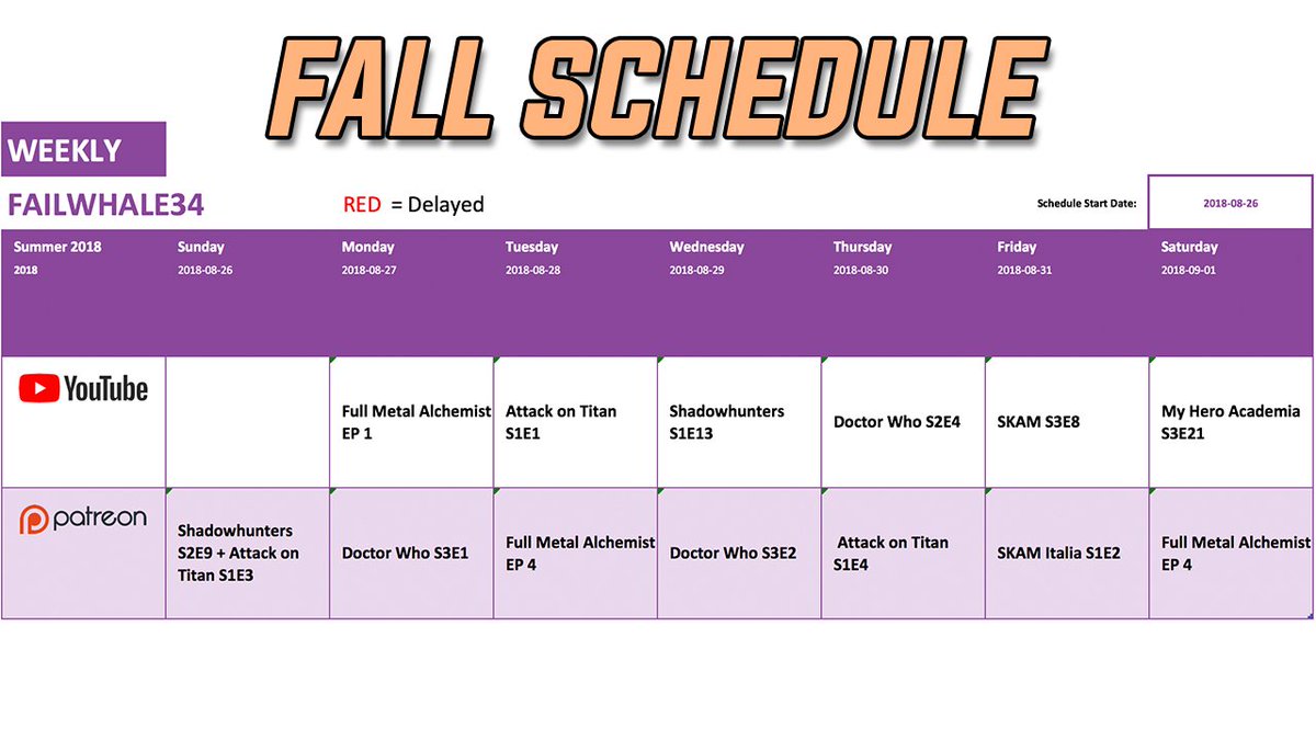 FailWhaleProd's tweet photo. Schedule for the week! We got the #Shadowhunters Season 1 finale dropping + starting #AttackOnTitan and #FullMetalAlchemistBrother reactions on YouTube! https://t.co/0SWfcTYL5B