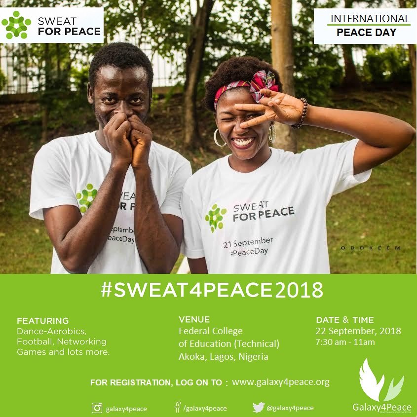 pocarlee's tweet image. Its 4 weeks to go as we #Sweat4Peace with @galaxy4peace in observance of #InternationalPeaceDay 2018

Have you registered?

Here is the quick link goo.gl/pBYftd  to get the ticket FOR FREE. Let's join the movement guys!! @Shivangi_Mathur @adebotes @wineayuamanda #Peace