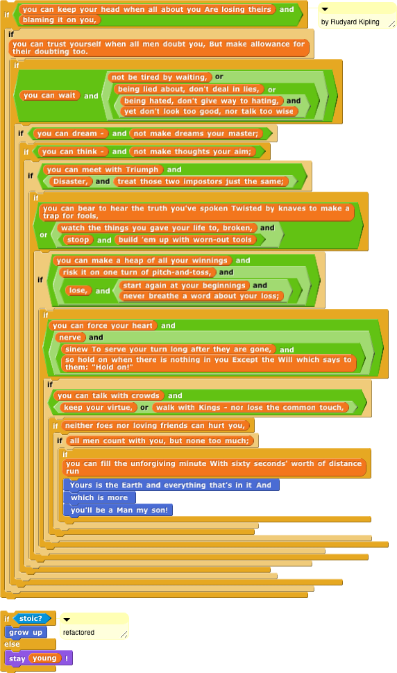 moenig's tweet photo. refactoring Rudyard Kipling in Snap!
detail from my closing keynote at #Constructionism2018 https://t.co/EE7QEZkylV