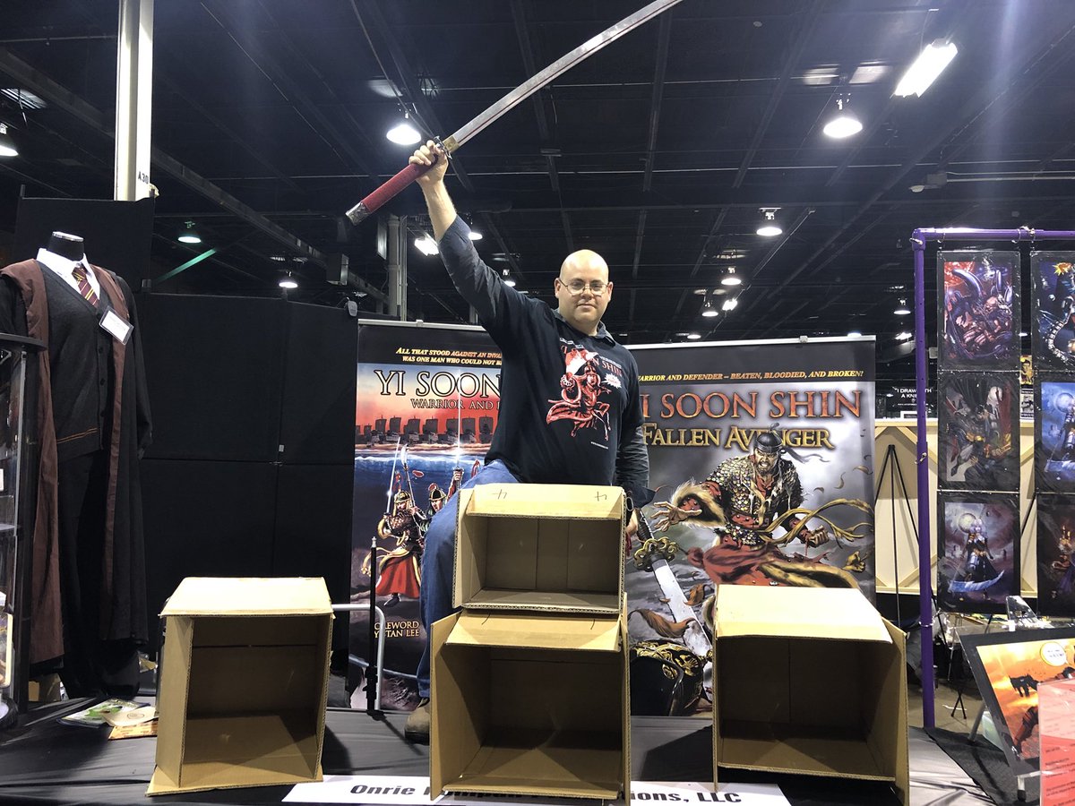 OKompan's tweet photo. The book that cannot be defeated in battle triumphs again at #WizardWorldChicago2018! 85,000 books sold! 70 convention sell outs! This battle was one of the hardest weโve ever fought but nothing can stop YI SOON SHIN and MARX! ONWARD TO THE NEXT SHOW ANDโTO VICTORY!!!! https://t.co/y6UuKIffkG
