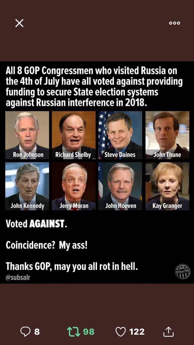 pamgriffa's tweet photo. These 8 were Committing #TreasonInYourFace on The 4th of July!They Must All be Investigated by FBI, CIA and IRS!What the Hell’s Wrong with Them?This is So Transparent! It Has To Be Blackmail... Extortion #FFS!#RegisterVoteRepeal The Beautiful Big #BlueWaveIsComing #ResistTogether https://t.co/dhKZuNepUx