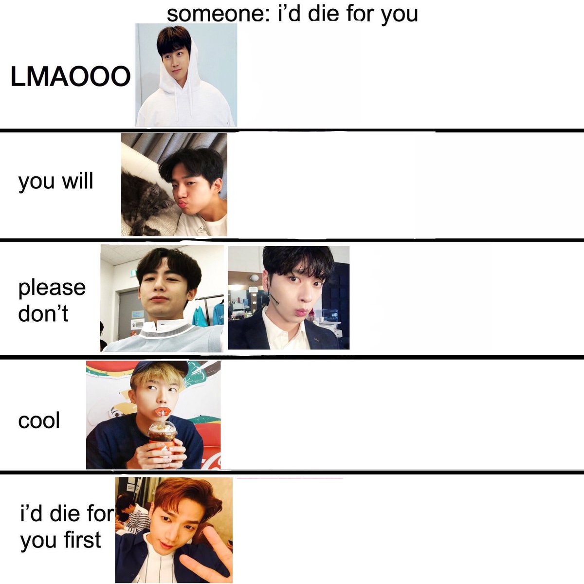 2pmbeingextra's tweet image. the 2pm members when someone says “i’d die for you”