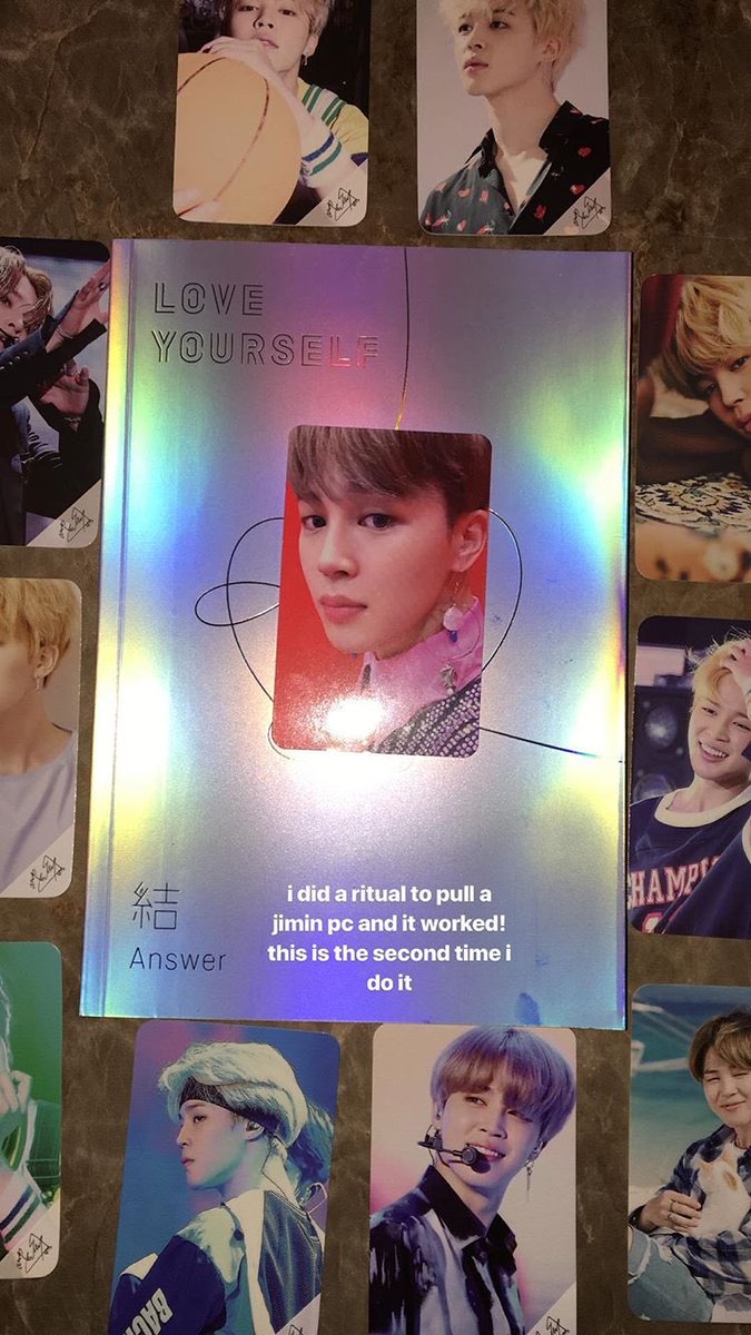 chaebears's tweet photo. when i want to get a specific jimin pc in a specific album i do this ritual where i place jimin photocards around the album and it has worked well so far https://t.co/1wWHeXcOBc