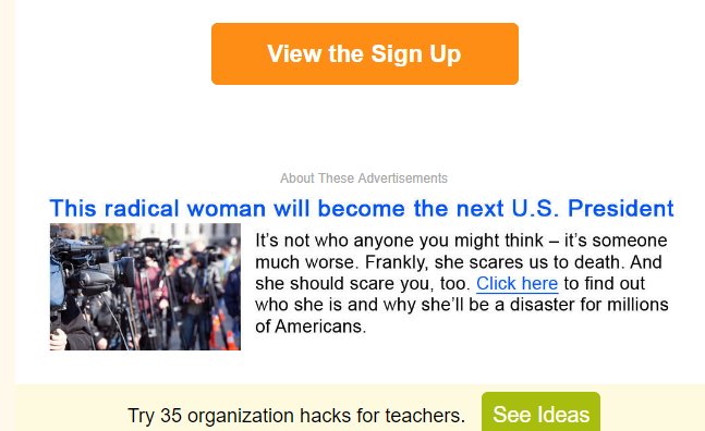 mjkleiman's tweet photo. @SignUpGenius This ad got attached to a sign up form sent out to my students. Is this a mistake, or does your organization condone this type of message? https://t.co/eubQJP6Ku9