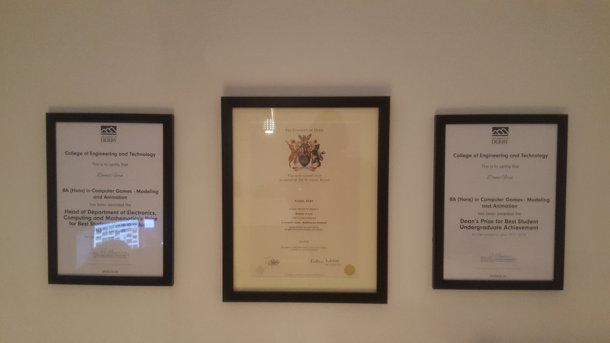 DanielFern27's tweet photo. Thought these deserved a space on the wall. #achieve #degree @DerbyCGMA @DerbyUni https://t.co/9xOHdMo9bw
