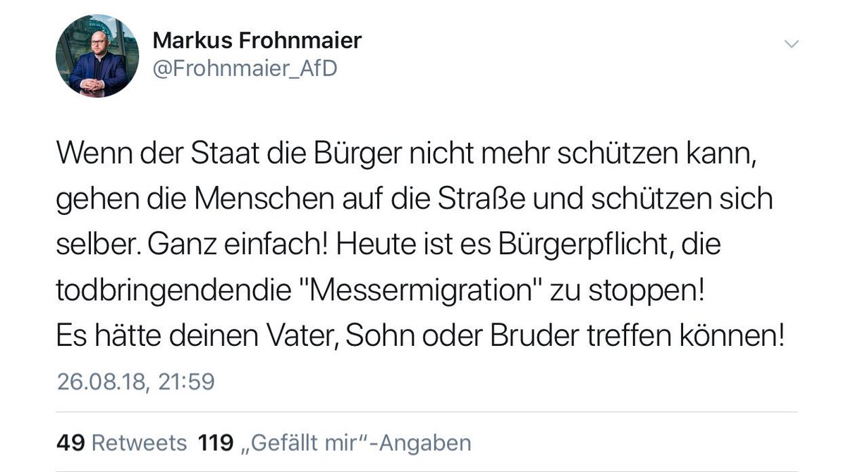 MatthiasMeisner's tweet photo. Werte @PolizeiSachsen, verstehen Sie das auch so, dass hier ein #AfD-Bundestagsabgeordneter zur Selbstjustiz aufruft? #c2608 #c2708 https://t.co/lBr9BhrBLk