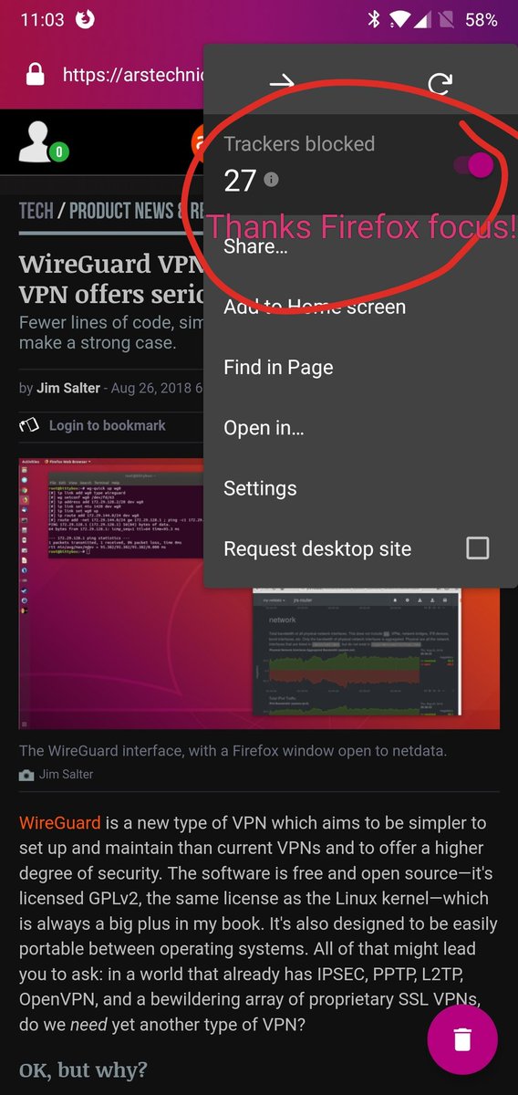 27 trackers blocked! Thanks <a href="/FirefoxFocus/">Firefox Focus</a>