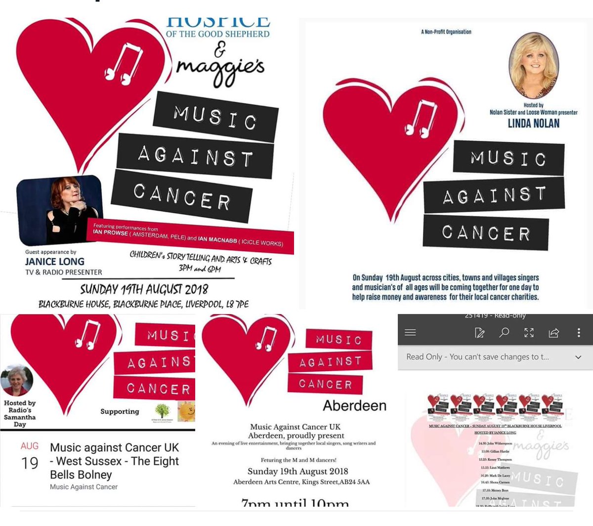 DanielTayloresq's tweet photo. #MusicAgainstCancerUK #2018 @janicelongdj @LindanolanFans @BlackburneHouse #Liverpool @AlexandersLive #Chester @ABRArtsCouncil #AberdeenArtsCentre #Aberdeen #EightBellsBolney #WestSussex 
@kennysmo @RoddTania #SallyTaylor @HayleyJaneDavi2 #DanielleWestwood @annabelbirtles #Proud https://t.co/SE6dcmA6q8
