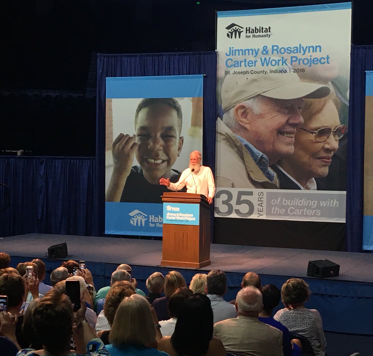 David Letterman has volunteered on numerous Habitat builds. Tonight the Indiana native is on hand to introduce President and Rosalynn Carter at the opening ceremonies at the 2018 Carter Work Project in St. Joseph County, Indiana. 🏠 #HabitatCWP