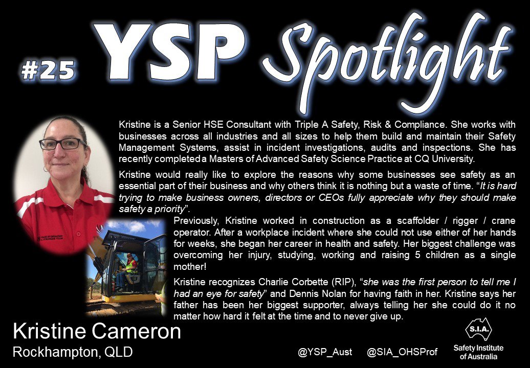 Today, Kristine Cameron is in the #yspspotlight (Profile 25)
Kristine is an emerging health and safety professional who eats challenges for breakfast! 
<a href="/YSP_Aust/">Young Safety Pro</a> @SIA_OHSProf #aw2aw
Get yourself in the spotlight - email: yspinfo@sia.org.au