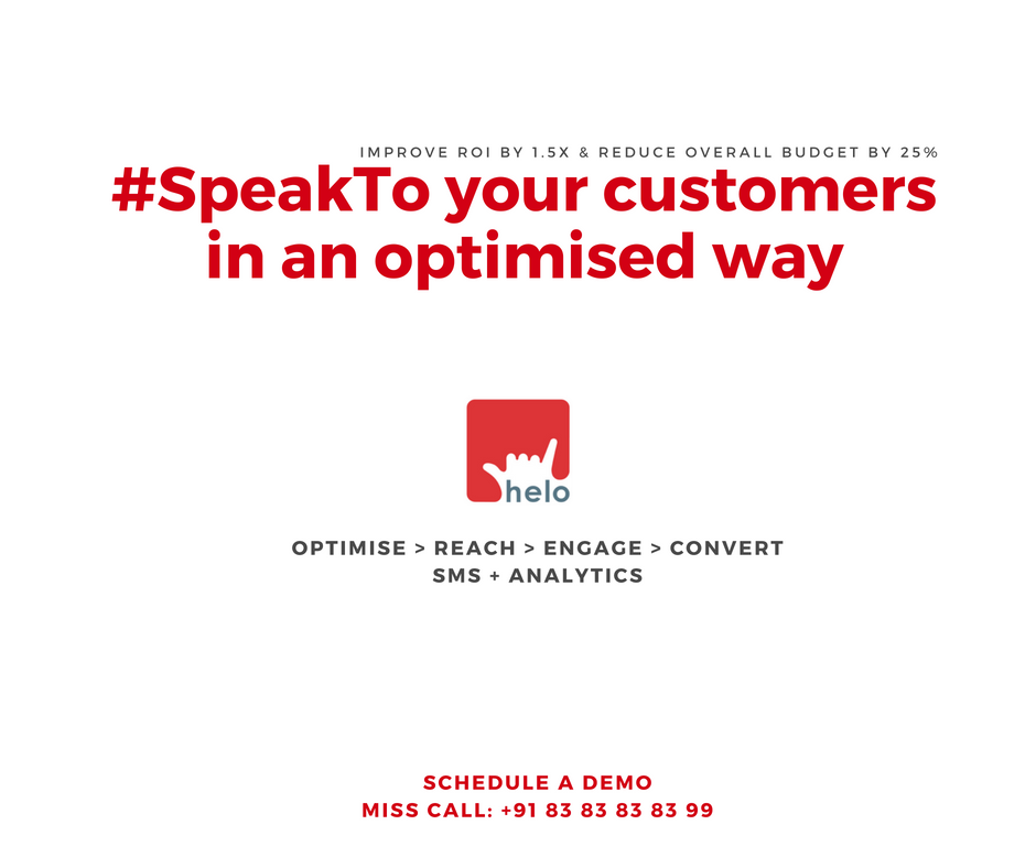 HeloMarketing's tweet photo. How will we help you connect better with your customers? SMS . Just SMS will not help you get these results > 1.5x increase in ROI, Boost Sales and reduce the overall budget by 25%. SMS + Smart Analytics will help you be in this track. Communicate better with customers. https://t.co/5uyDIdPQev
