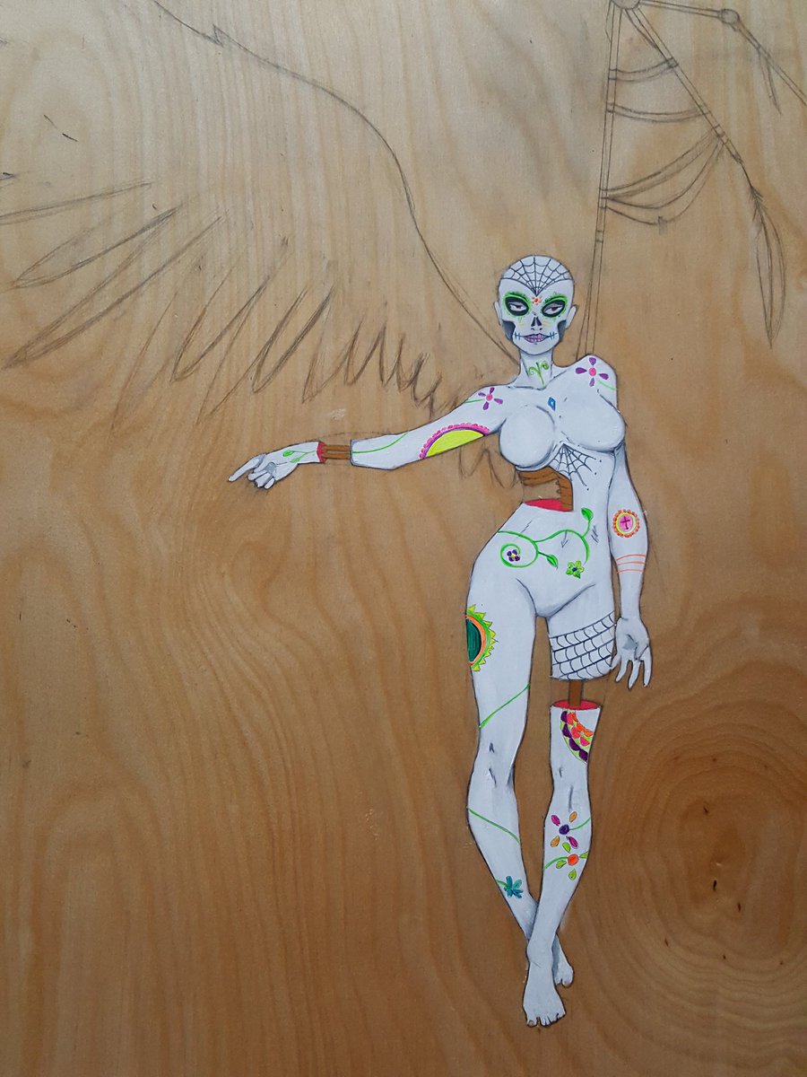 Added color to her. A rarity but I think it'll work. #wip #art #newartproject #mixedmedia #woodcanvas #acrylic #pencil #acrylicpourpaint #charcoal #diadelosmuertos #artist #ArtistOnTwitter #twitch #twitchcreative #creativestreamer