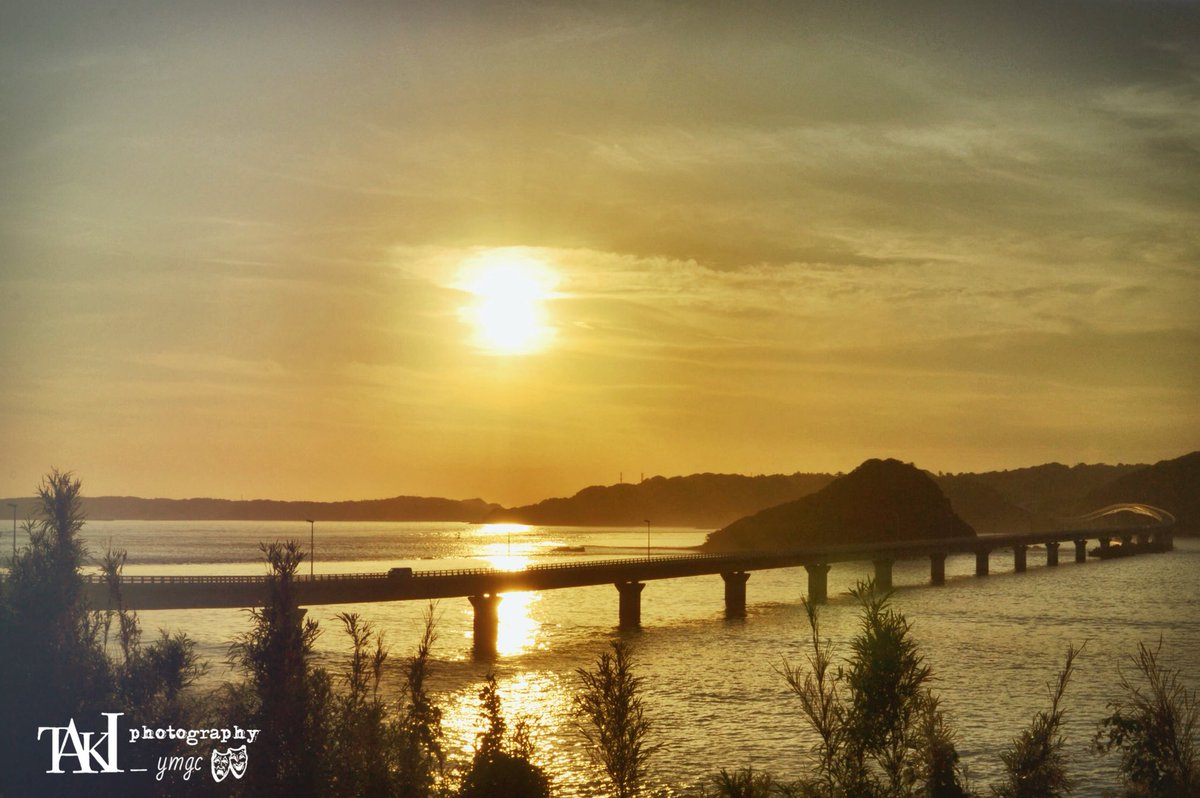 Taki 瀧さんのツイート 昨日の角島大橋 夕日のグラデーションが綺麗でした 島から帰りにひょっこり満月 山口県 下関市 角島 角島大橋 観光名所 観光スポット 絶景 夕日 満月 写真好きな人と繋がりたい 写真撮ってる人と繋がりたい ファインダー越し