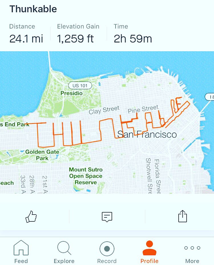 NiceJimboSlice's tweet photo. Did y’all know that biking in SF is great for exercise and free marketing? It’s also a fun way to learn more about #SanFrancisco’s many one-way streets. Wouldn’t recommend the route, but would def recommend building your own apps on https://t.co/IoUqn1Py6a #stravaphoto #startup https://t.co/2nA0iE6Qze