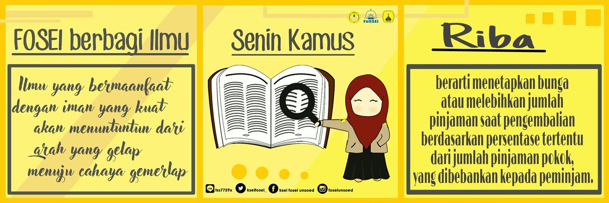 [ SENIN KAMUS ]

Riba secara bahasa bermakna: ziyadah (tambahan). Sedangkan menurut istilah teknis, riba berarti pengambilan tambahan dari harta pokok atau modal secara bathil.
Menurut fiqih, riba dapat dibagi menjadi 4 macam bagian, selengkapnya cek instagram.com/foseiunsoed// 😊