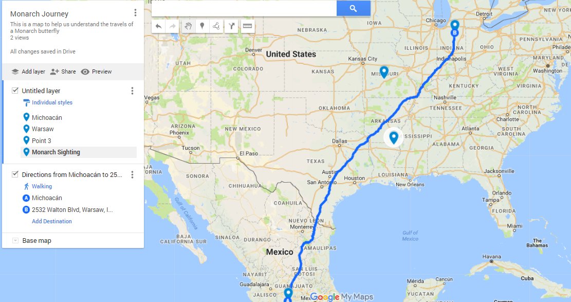 JoshuaJwall's tweet photo. This is the approximate path our Monarchs will take on their long journey.  The idea of tagging our butterflies is to hopefully be able to add waypoints to our Google Map of locations where our butterflies have been sighted. #monarchwatch #journeysouth https://t.co/L4r9bsKBNG