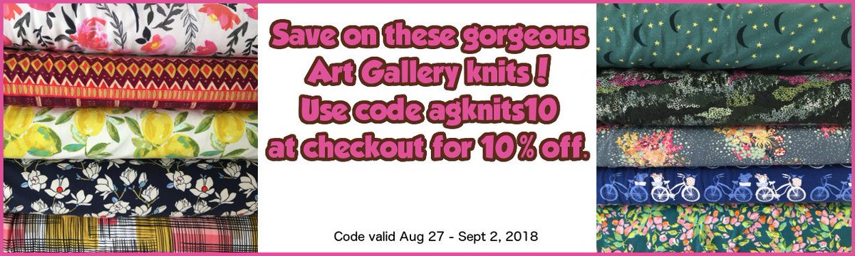 FunkMonkFabrics's tweet photo. Save 10% this week on all in-stock Art Gallery knits! There's a huge selection to shop from. Offer valid Aug 27 - Sept 2, 2018. Code must be used at checkout. https://t.co/580U9jRXRA