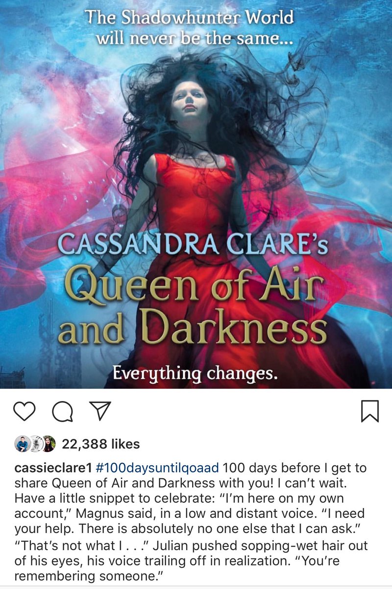 YA Buzz π (@yabuzz2) on Twitter photo Only 100 days left till the release of the highly anticipated novel, Queen of Air and Darkness by Casandra Clare.
#100DaysUntilQoAaD 
Whoβs excited?!
A small snippet of #QoAaDβ¬οΈ Only 100 days left till the release of the highly anticipated novel, Queen of Air and Darkness by Casandra Clare.
#100DaysUntilQoAaD 
Whoβs excited?!
A small snippet of #QoAaDβ¬οΈ