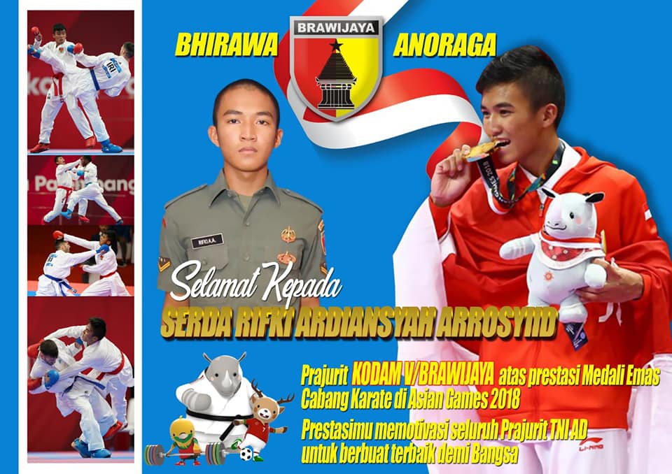 Selamat Kepada Serda Rifki Ardiansyah Arrosyid (Bintara Jasdam V/Brawijaya) Atas Perjuangannya Meraih Medali Emas Asian Games 2018, Cabang Karate Nomor Kumite 60 kg. <a href="/pendamdiponego1/">pendam diponegoro</a> <a href="/Puspen_TNI/">Pusat Penerangan TNI</a>
