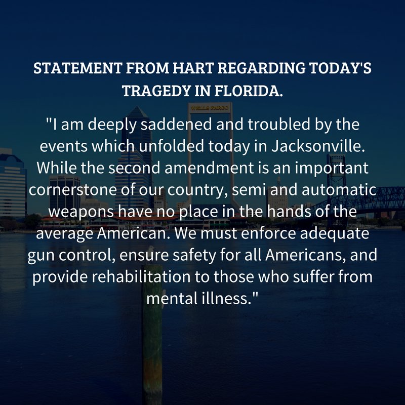 HCfor2020's tweet image. Hart's statement on today's tragedy. #Jacksonville #JacksonvilleShooting #JacksonvilleStrong